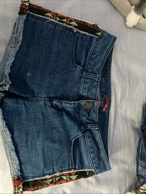 BONGO Blue Denim Cutoff Shorts with Colorful Tribal Side Trim